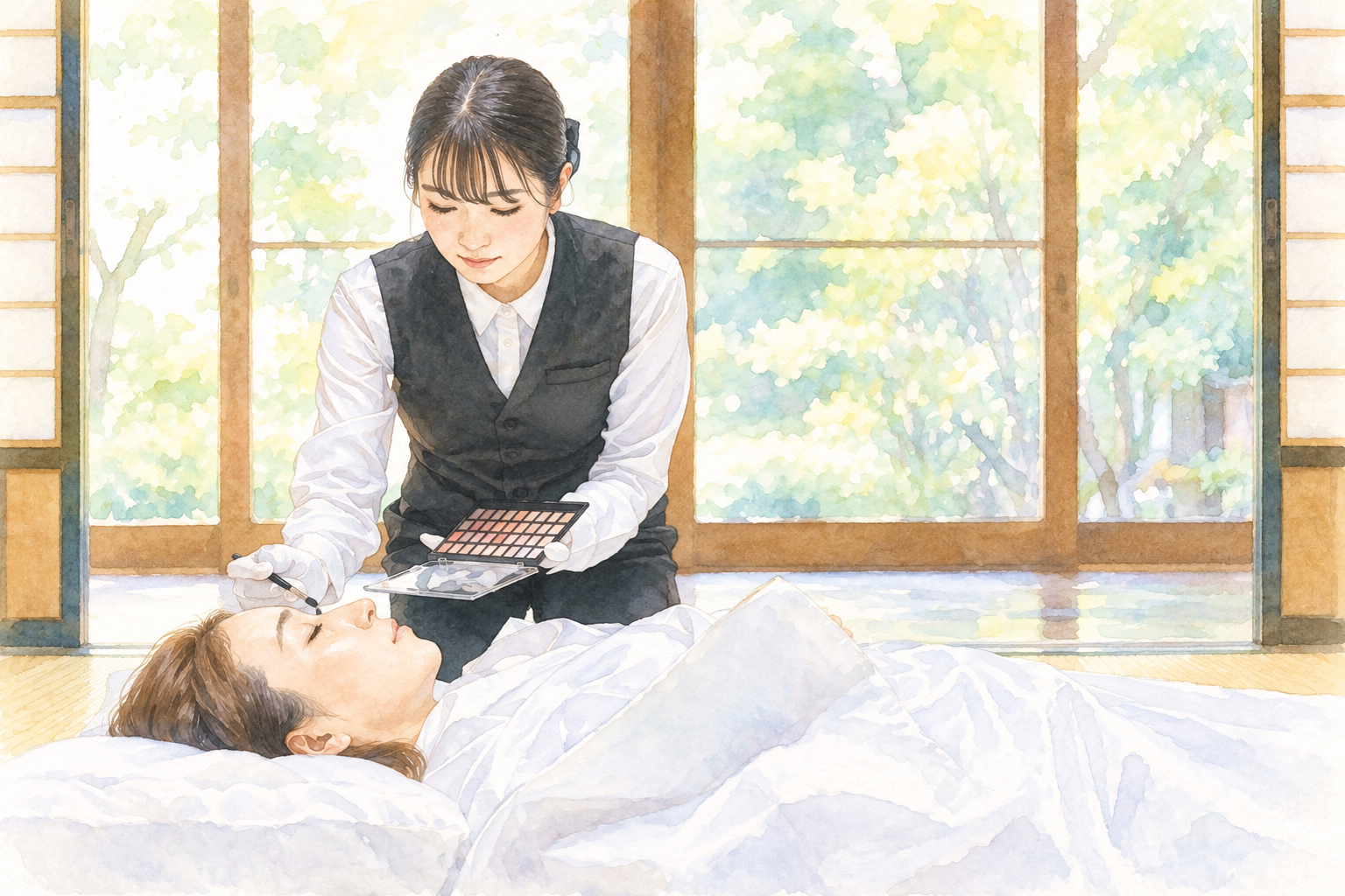 自宅葬で故人様のお化粧を行うエンゼルケアの水彩画イラスト