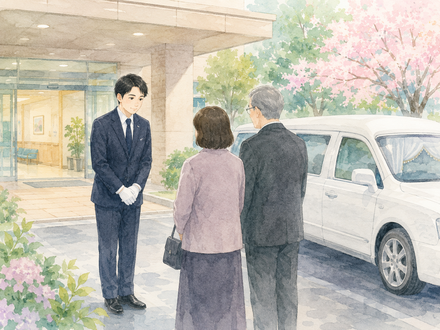 病院で葬儀社スタッフがご家族をお迎えする水彩画風イラスト